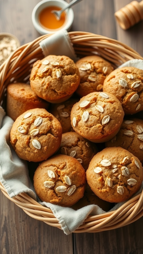 A basket of golden oat bran muffins on a rustic table with honey.